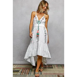 POL Embroidered Detail Tassel Tie Smocked Waist Midi‎ Tiered Cami Dress - Medium thumbnail 3