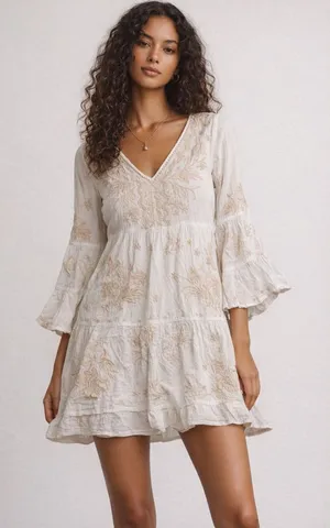 ✨🦚 Johnny Was Workshop Sheer Ivory Tiered Peacock Dress‎ Sz M 🦚✨ thumbnail 1