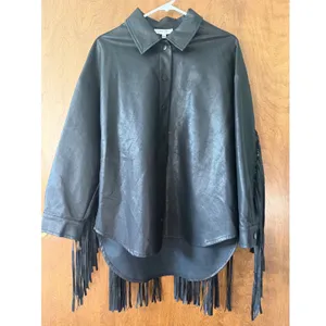 Oversized Fringe Black Button Front Faux Leather Coat Jacket Sz S Western Boho thumbnail 7
