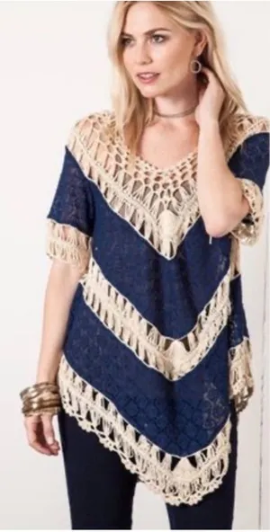 Umgee USA Crochet‎ sweater Navy blue & cream boho hippie sz M chevron thumbnail 1