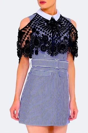 Self-Portrait Blue White Striped Lace Overlay‎ Collared Mini Dress Belted size 0 thumbnail 1