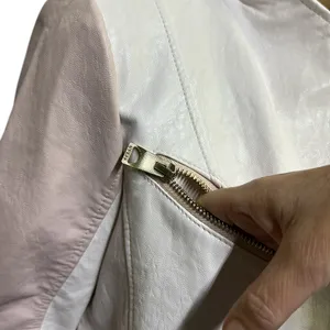 Guess Pink White Faux Leather Moto Jacket Gold Exposed Zipper Womens Small thumbnail 13
