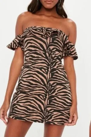 Missguided Frill Skater Dress‎ Off Shoulder Mini Ruffle Zebra Y2K Party 4 NEW thumbnail 1