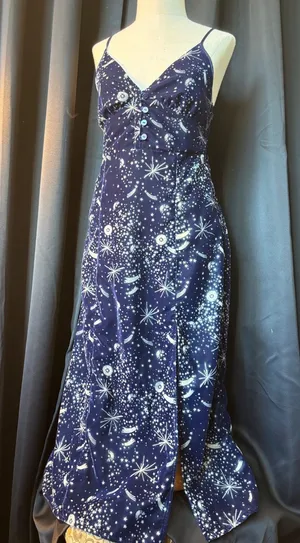Celestial Navy Blue‎ Velvet Star Print Midi Dress V-Neck Slit Small thumbnail 1