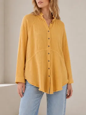 Free People We The Free Oversized Gauze Button Down Top Yellow Boho Shirt thumbnail 9