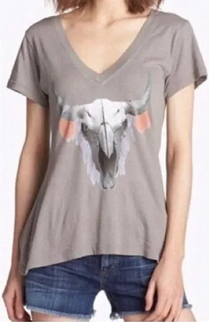 Wildfox Hippie V-Neck Skull Feathers Skeleton Short Sleeve A-Line Edgy T-Shirt S thumbnail 1