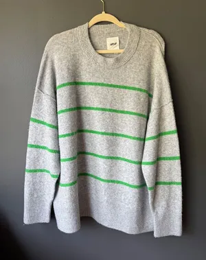 Aerie Gray Sweater with Green Stripes, Size Large thumbnail 1