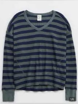 Aerie OFFLINE Wow Oversized Waffle Thermal Top Size Small Striped Green Blue thumbnail 1