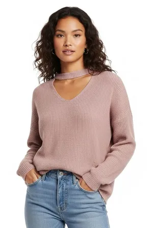 American Eagle Choker V-Neck Shaker Knit Sweater Pink Relaxed Ribbed Size M thumbnail 1