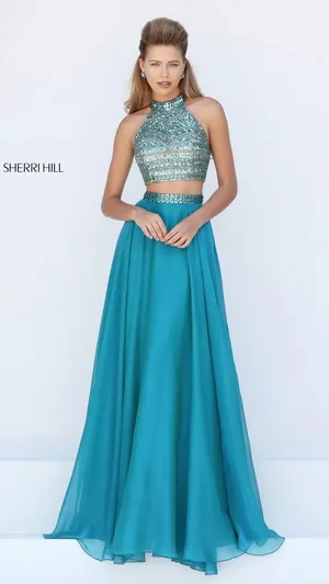 NWT Sherri Hill‎ 50096 Jade Beaded Halter Crop Top & Chiffon Skirt Set Size 2 thumbnail 1