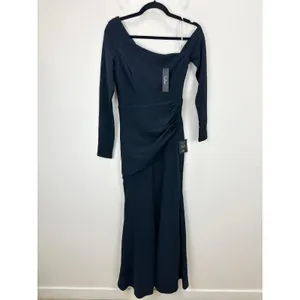 Lulus Elegant Sensation Navy Blue Asymmetrical Pleated Maxi Dress Formal XS NWT thumbnail 5