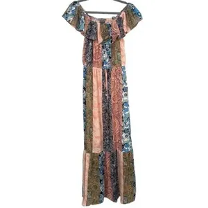NWOT Sans Souci Off Shoulder Patch Print Maxi Dress Elastic Tie Waist M Tan Blue thumbnail 13