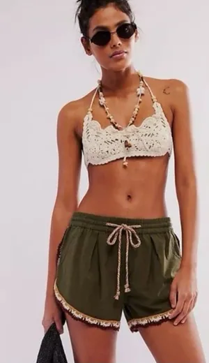 Free People Coastal Cruise Olive Green Crochet Trim Boho Pull On Shorts S/M NWT thumbnail 1
