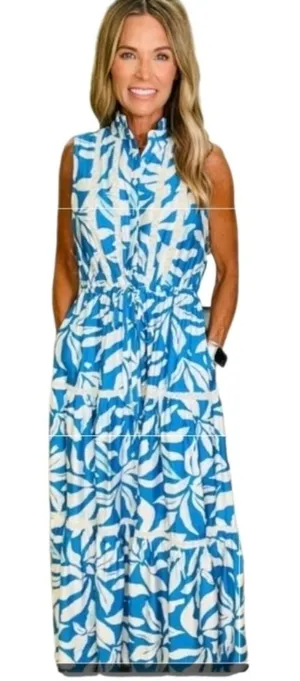 Womens Floral Print Maxi Dress Blue White Long Dress Size Small Tropical Travel thumbnail 1