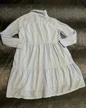 Womens large beachlunchlounge blue/white striped long sleeve tiered shirt dress. thumbnail 3