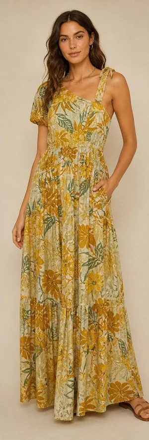 NWT Band of the Free Pineapple Cream Avila One-Shoulder Dress, S thumbnail 1