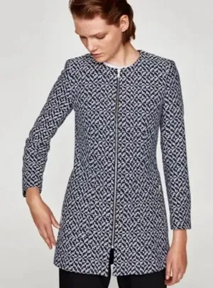 ✨Zara Classic Minimalist Tweed Blue White Zip Up Sz Medium Peacoat✨ thumbnail 1