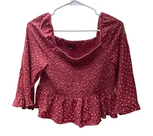 Y2K Dusty Rose Polka Dot‎ Smocked Peplum Square Neck Top Bell Sleeve thumbnail 1