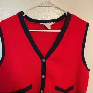 Vintage Talbots Women's Size Medium Sweater Vest Red Navy Blue Pockets 100% Wool thumbnail 2