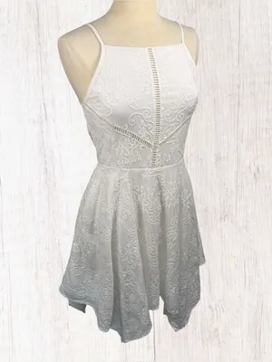 ALTAR’D STATE Embroidered 100% Cotton Asymmetric Fit & Flare White Dress,‎ Large thumbnail 4