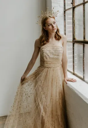 Joanna August • BHLDN Brenda Long Star Gown strapless champagne tulle glitter thumbnail 1