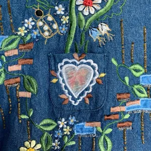 Vintage 90s Embroidered Chambray Denim Shirt Oversized Short Sleeve Heart Floral thumbnail 9