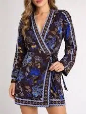 FARM Rio Brown Garden Floral Wrap Mini Dress Size S thumbnail 1