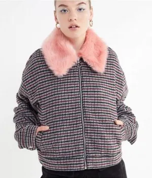 Urban outfitters Colette houndstooth pink fur collar jacket size small thumbnail 1