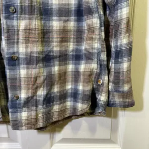 Carhartt Relaxed Fit Flannel Hooded Plaid Shirt Size Medium Blue Tan Button Down thumbnail 3