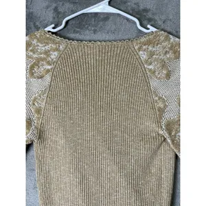 Anthropologie Gold Metallic Knit Surplice Wrap Top Sheer Lace Sleeve Balletcore thumbnail 4