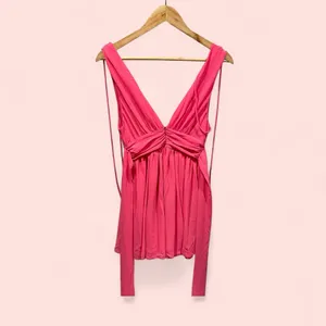 Cute bubblegum pink lucy in the sky babydoll flowy tie strings deep v top thumbnail 3