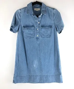 Madewell Denim Short-Sleeve Popover Shirtdress Mini Collar Pockets Blue XS thumbnail 1