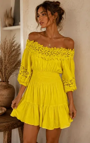 Gianni‎ Bini Yellow Off Shoulder Lace Trim Boho Peasant Spanish Vaca Mini Dress thumbnail 1