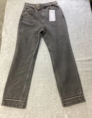 Le ALX Western Belt Jeans Grey High‎ Rise Straight Leg Raw Hem Size 27 NEW thumbnail 1