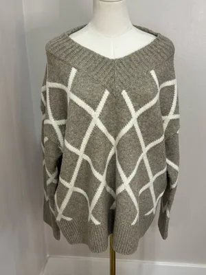 Abercrombie & Fitch Oversized Vintage Taupe Cream Geometric Knit Sweater Large thumbnail 2