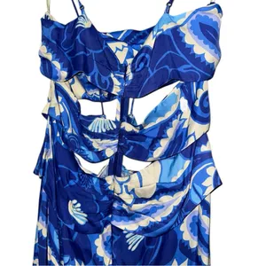 FARM Rio NWT Women’s Size L Blue White Tropical Groove Cutout Detail Midi Dress thumbnail 10