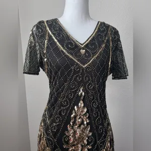 #10 Vintage-Inspired Black Beaded Flapper Dress with Fringe-Large/Size 14 thumbnail 5