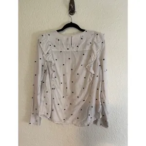 LOFT Blouse White M Womens Heart Print Ruffle Smocked Swiss Dot Long Sleeve thumbnail 9