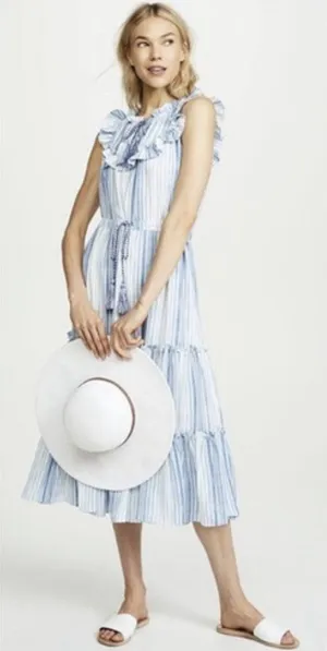 MISA Los Angeles Medium Aleja Stripe Print Linen Midi Dress White Blue Tassel thumbnail 1