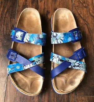Papillio Birkenstock Blue Floral Tropical Garden Slides Sandals Criss Cross Double Triple Band #Boho #Beach #Vacation #Summer #Resort Women 7 Size 38 thumbnail 1