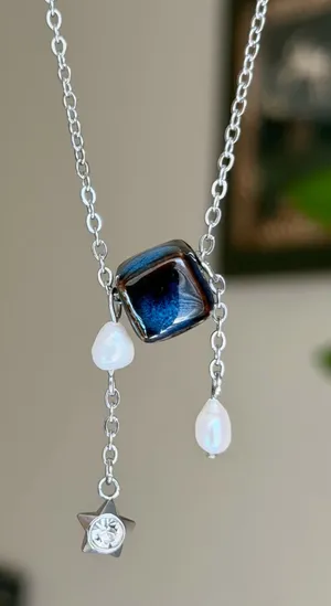 Handmade cube ceramic bead unique boho fairy necklace💙 thumbnail 1