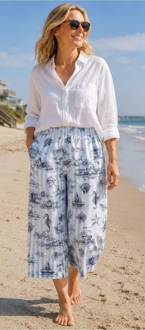 Martha Stewart Linen Beach Print Crop Pants Blue White Nautical Size Medium thumbnail 1
