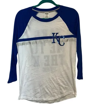 PINK Victoria’s Secret KC Baseball Tee Medium Blue White Raglan Take Me To The K thumbnail 1