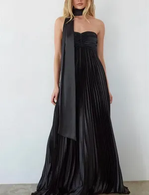 Black Pleated Formal Maxi Dress with Scarf thumbnail 5