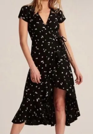 Abercrombie & Fitch black midi wrap dress floral orange and yellow floral size M thumbnail 1