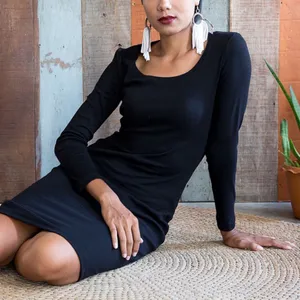 Tonle Black Long Sleeve Scoop Neck Fitted Midi Dress | Size Large thumbnail 1