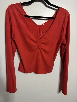 PacSun Ribbed Crop Top Red Long Sleeve Deep V Back & Front W/ Ruched Size Medium thumbnail 1