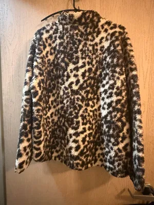 LeModa Leopard Print Sherpa Pullover Quarter Zip Jacket Brown Size XL thumbnail 5