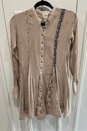 Free People FP One Boho Fit & Flare Mini Dress Tan Lace Western Festival Size XS thumbnail 1
