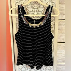 Free People Aztec Louie Beaded sequin Tank Black Striped Split Back Boho glam M thumbnail 7